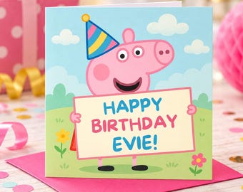 Personligt födelsedagskort med söt grisfigur – Anpassat namn – Barnfödelsedagskort – Peppa Pig-stil
