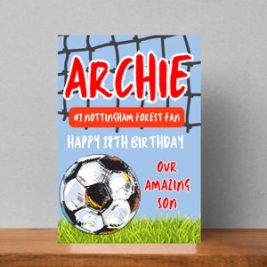 Voetbal verjaardagskaart, zoon dochter neef nichtje kleinzoon kleindochter vriend Nottingham Forest Derby County Arsenal Man City
