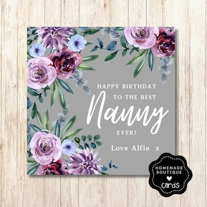 Carte d'anniversaire personnalisée pour nounou - Carte d'anniversaire de nounou - Joyeux anniversaire nounou - Carte de voeux florale personnalisée pour grand-mère