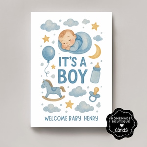 ¡Es un niño! Tarjeta de felicitación personalizada para recién nacido (estilo acuarela) / Tarjeta de bienvenida / Regalo de recuerdo azul para la habitación de los niños