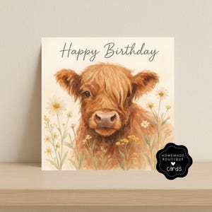 Cartão de aniversário de vaca das Terras Altas – Animal de fazenda com flores – Cartão de vaca rústico fofo em aquarela