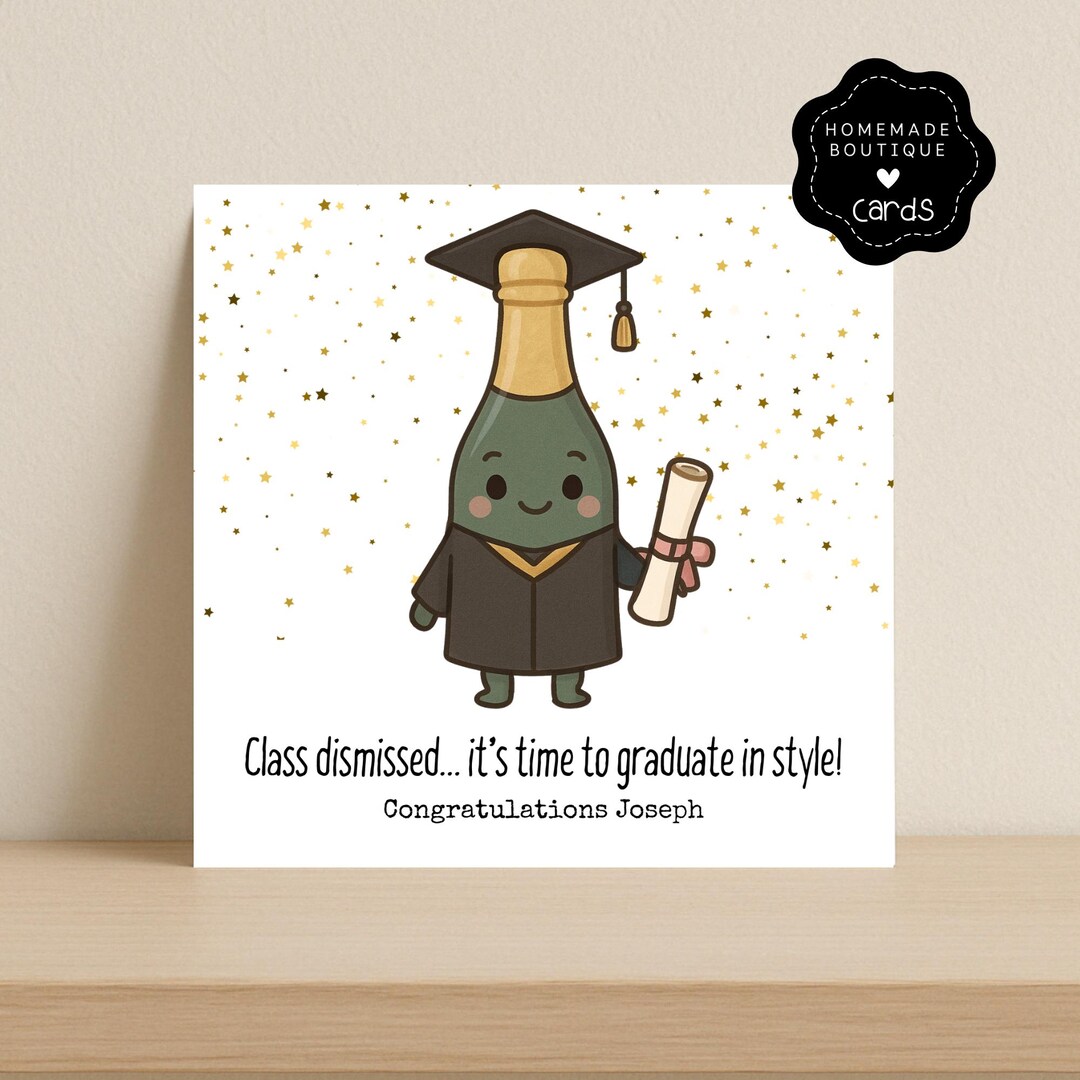 Graduation Card | Cute Champagne Bottle in Cap & Gown | Personalised ...