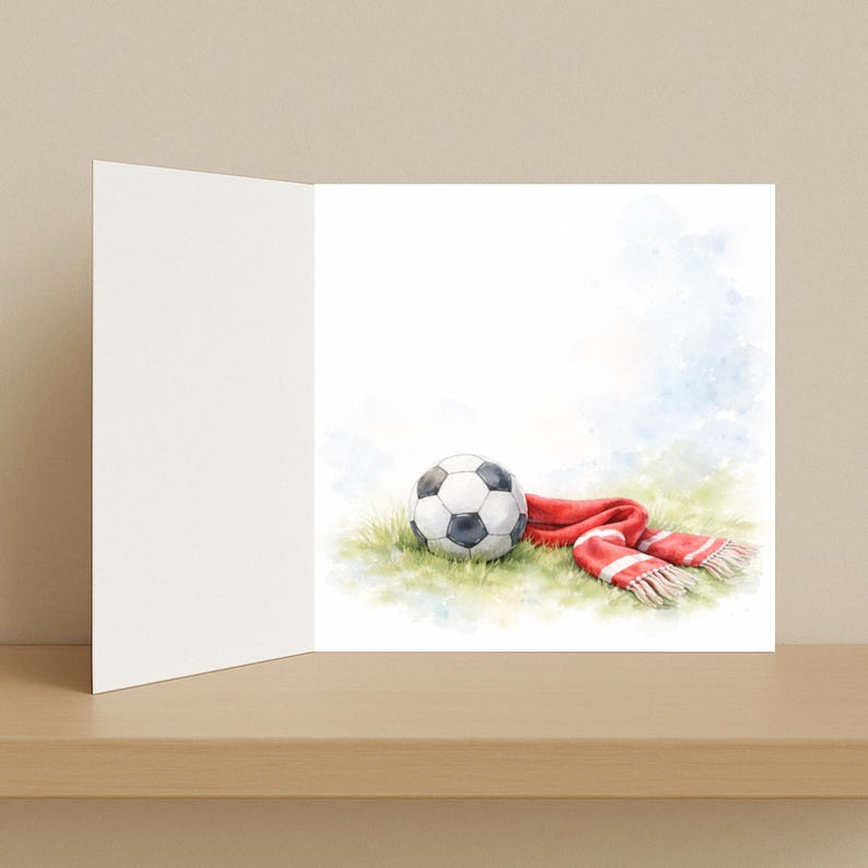 以下が含まれることがあります： サッカーボールと、白いストライプの赤いスカーフの水彩イラストが描かれたグリーティングカード。ボールは白と黒で、緑の草の上に置かれています。カードは開いており、内側は空白です。