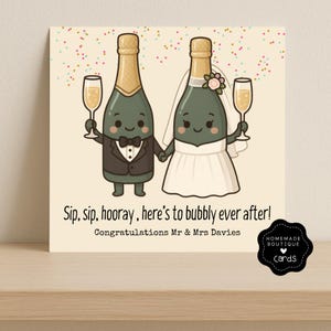 Cartão de casamento personalizado | Noivos fofos com champanhe | Sip Sip Hooray | Parabéns engraçados pelo casamento | Cartão do Sr. e da Sra. |