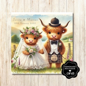 Hochzeitskarte, Highland Kuh, Hochzeitstag, personalisierte Hochzeit
