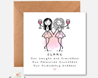 carte d'anniversaire personnalisée | Carte de l'amitié pour elle | Carte Bestie mignonne | carte de visite personnalisée | Cadeau meilleur ami | Carte des vins roses