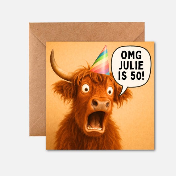 OMG 50th card | Funny 50th Birthday Card | Highland Cow Birthday Card | Personalised 50th Card | Milestone Birthday Card