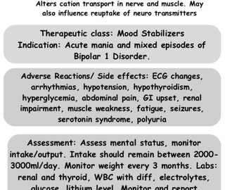 May include: A white and black informational sheet about Lithium, a mood stabilizer medication. The sheet describes the therapeutic class, indication, adverse reactions, side effects, and assessment of the medication.