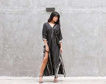 Black Tie Dye Kaftan Dress, Long Rayon Boho Kaftan for Women, Maxi Beach Cover up Dress, Resort Long Boho Dress, Long Caftan