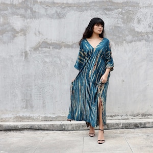 Teal Tie Dye Kaftan Kleid, Langes Rayon Boho Kaftan für Frauen, Maxi Strand Cover up Kleid, Resort Long Boho Kleid, Long Kaftan