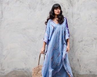 Blue Tie Dye Kaftan Dress, Long Rayon Boho Kaftan for Women, Maxi Beach Cover up Dress, Resort Long Boho Dress, Long Caftan