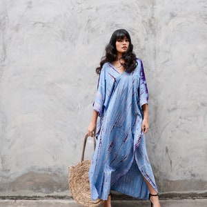 Vestido caftán azul teñido anudado, caftán bohemio largo de rayón para mujer, vestido playero maxi, vestido bohemio largo para resort, caftán largo