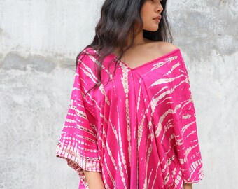 Hot Pink Tie Dye Kaftan Dress, Long Rayon Boho Kaftan for Women, Maxi Beach Cover up Dress, Resort Long Boho Dress, Long Caftan