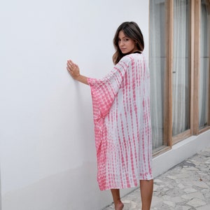 Hand-dyed Pink & White Tie Dye Kimono Robe, Pink and White Pink Swim Cover-up, Loose Fit Kimono Lounge Dress, Pink and White Kaftan Dress image 9