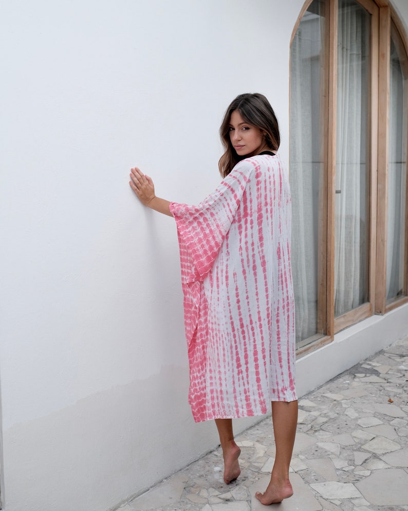 Hand-dyed Pink & White Tie Dye Kimono Robe, Pink and White Pink Swim Cover-up, Loose Fit Kimono Lounge Dress, Pink and White Kaftan Dress image 9