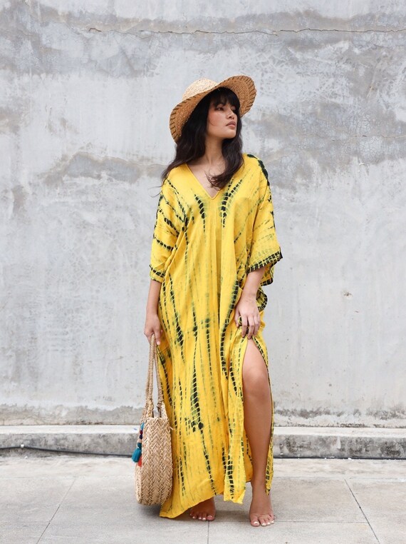 Yellow with Black Tie Dye Kaftan Dress, Long Rayon Boho Kaftan for Women, Maxi Beach Cover up Dress, Resort Long Boho Dress, Long Caftan