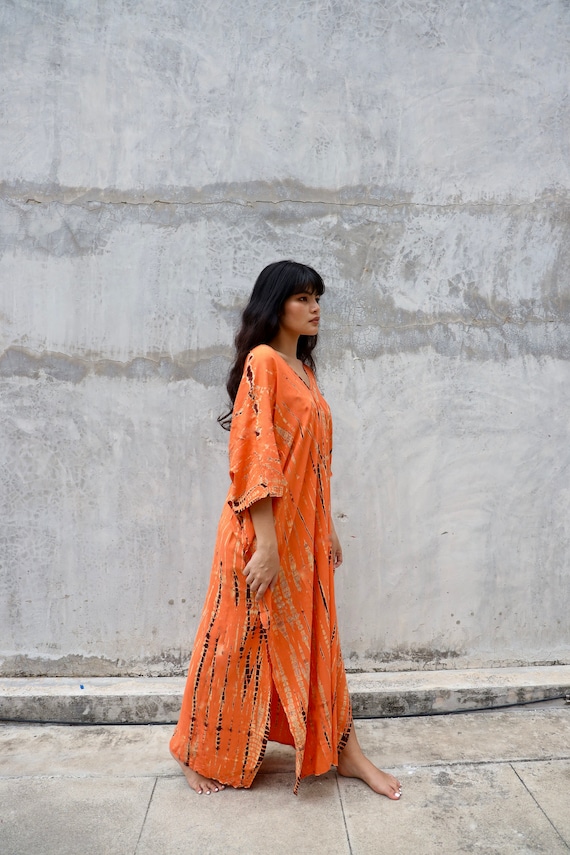 Orange Tie Dye Kaftan Dress Long Rayon Boho Kaftan for Women Maxi Beach Cover up Dress Resort Long Boho Dress Long Caftan Dress Etsy UK