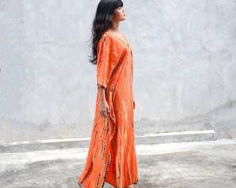 Orange Tie Dye Kaftan Dress, Long Rayon Boho Kaftan for Women, Maxi Beach Cover up Dress, Resort Long Boho Dress, Long Caftan Dress