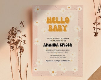 Retro bloem babyshower | Uitnodiging voor babyshower | Sjabloon voor babydouche | Hippe babyshower | Retro madeliefje | Hippe Daisy