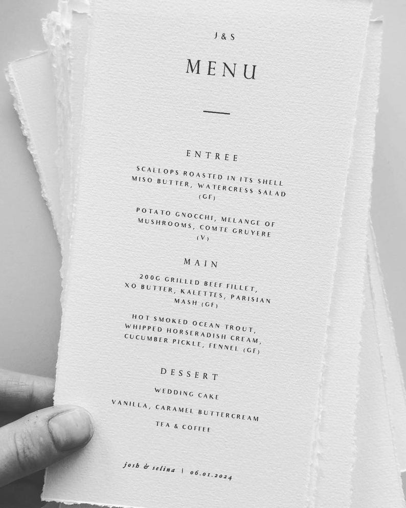 Bespoke Wedding Menu | Luxury Deckled Edge Handtorn Paper Menu | Rustic Wedding Menu | Personalised Wedding Menu image 7