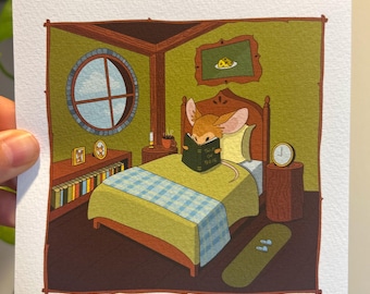 Cozy Reading Mouse / Parte I: Mattina / Stampa artistica Giclée 5"x5" / Decorazione per la cameretta dei bambini