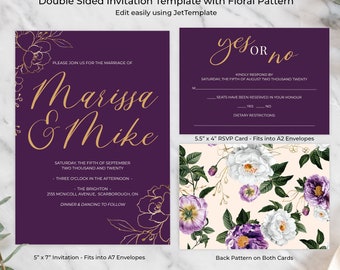 Luxury Blooming Purple & Gold Wedding Invitation Template