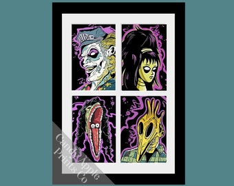 Beetlejuice - Impressions Halloween Horror Nights - Lot de 4 - Art mural horreur, impression Beetlejuice, HHN, Universal Studios. Art gothique, cadeau d'horreur