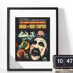 May include: A vintage-style poster for the Rob Zombie film "House of 1000 Corpses", featuring a close-up of Captain Spaulding's face with a creepy smile. The poster is set against a dark background with a house and other characters from the film.
