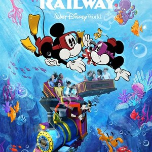 Puede incluir: Un p&oacute;ster colorido para Mickey & Minnie's Runaway Railway en Walt Disney World. Mickey y Minnie est&aacute;n bajo el agua con equipo de buceo, y un vag&oacute;n de tren con pasajeros est&aacute; por encima de ellos. El tren est&aacute; bajo el agua, y hay peces, un pulpo y otras criaturas marinas en el fondo. El texto "BURST INTO A WORLD WHERE MOUSE RULES APPLY" y "SPRING 2020" est&aacute;n en la parte inferior del p&oacute;ster.