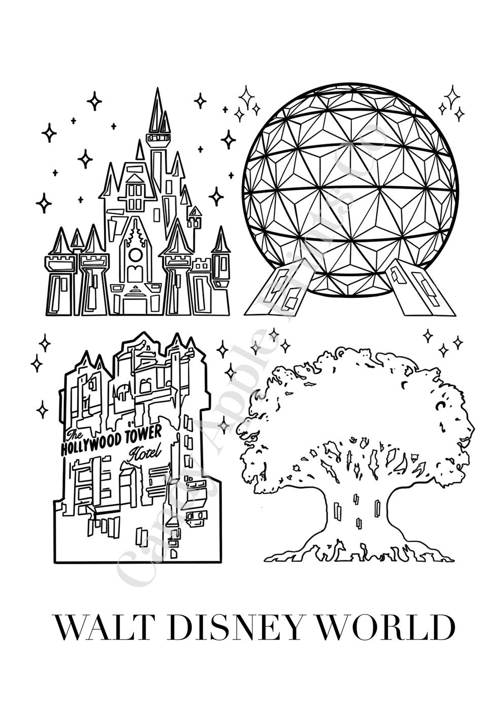 ウォルト ディズニー ワールド プリント - 4 つのパークの線画