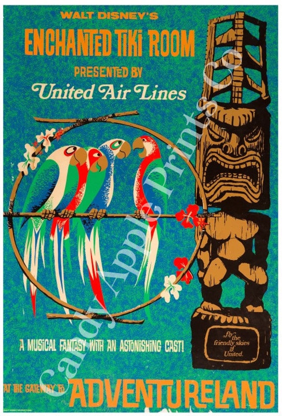 ユナイテッド航空 ハワイ ビンテージ ポスター オリジナル Tiki Enchanted Tiki Room Print - United Airlines Print, Disney Ride