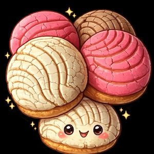 Peut inclure: Illustration de plusieurs conchas colorées, un pain sucré mexicain traditionnel. Les conchas sont dans des tons de rose, de marron et de crème, avec un motif texturé en forme de coquillage sur le dessus. Une concha a un visage souriant. Des étoiles dorées sont dispersées.