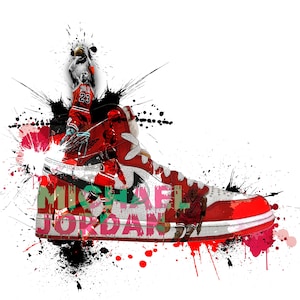 以下が含まれることがあります： マイケル・ジョーダンのアクションのグラフィックが描かれた、赤と白のハイカットスニーカー。側面に「MICHAEL JORDAN」の文字。黒と赤のペイントスプラッターがデザインに取り入れられ、ダイナミックで芸術的な外観を作り出しています。