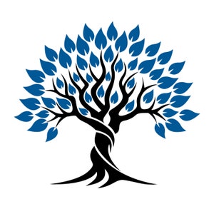 May include: A stylized illustration of a tree with a black trunk and blue leaves. The tree has a twisted trunk and a wide, spreading canopy.