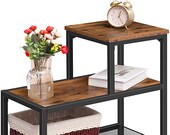 Side Table, Narrow Accent Decorative Ladder Shelf, Sofa End Table for Small Space in Living Room, Bedroom, Metal Frame, Rustic Brown