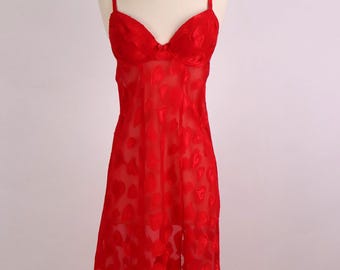 Vintage Victoria's Secret NWOT rood hart lange doorschijnende nachtjapon negligé lingerie Peignoir Valentijnsdag medium