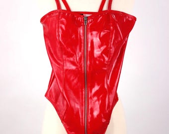 Vintage Frederick's of Hollywood NWOT Cherry Red Faux Leather Zip-Up Bodysuit Corset Bra Girdle