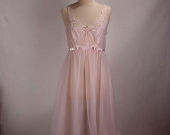 Vintage Van Raalte Cotton Candy Pink Double Nylon Overlay Wide Skirt Lace Midi Nightgown Babydoll Negligee Lingerie Peignoir Slip Size 38