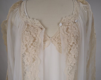 Vintage Tosca White Nightgown Robe Set Old Hollywood Glamour Lace Galore Bridal Long Peignoir Negligee Lingerie Dress EUC Medium