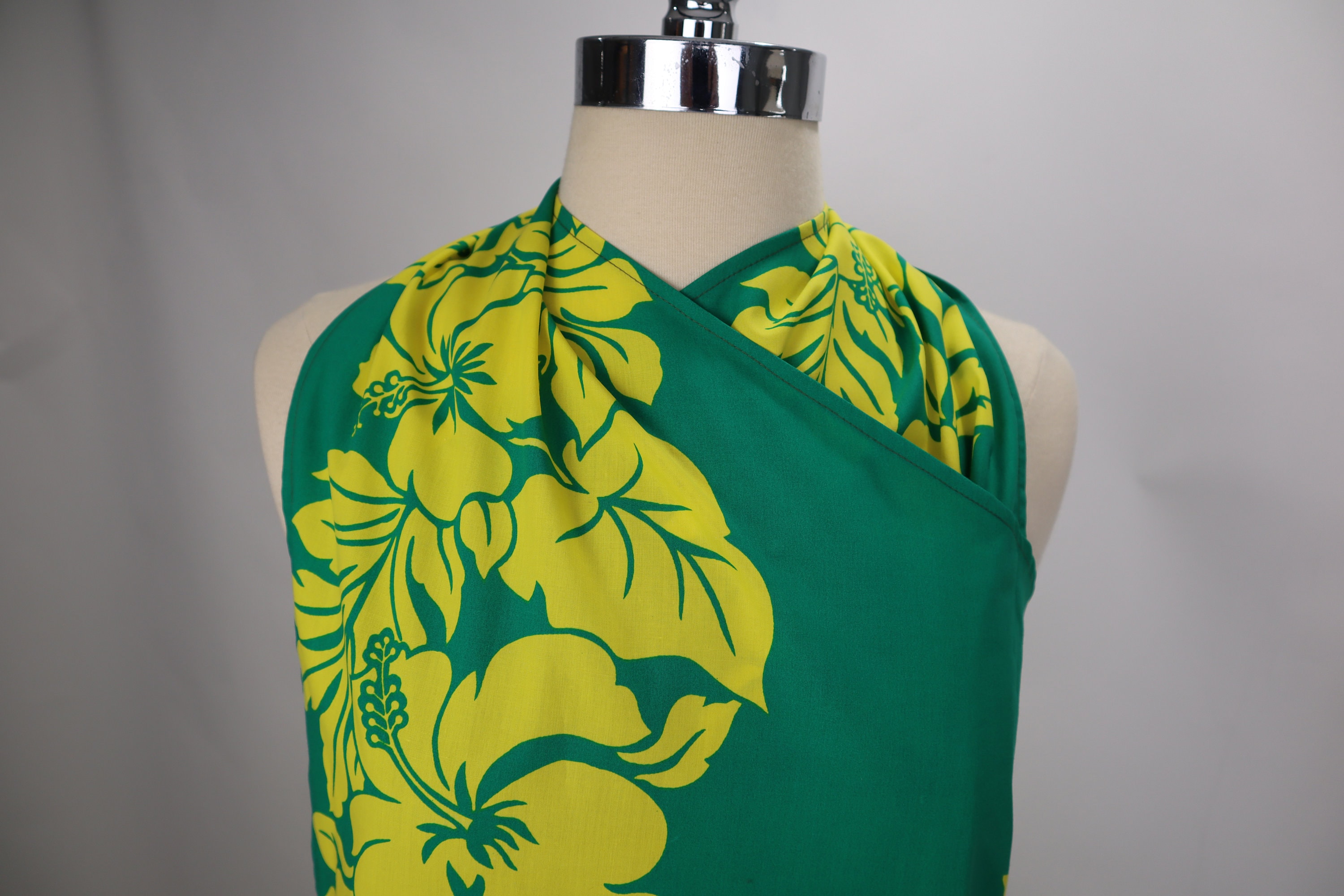 Original Handmade Hawaiian Tropical Yellow Green Long Vintage Inspired Sarong Beach Cover Up Summer Wrap Dress
