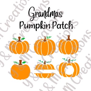 May include: A graphic design featuring six orange pumpkins with brown stems and green vines. The text "Grandmas Pumpkin Patch" is written in black script above the pumpkins. The pumpkins are in various shapes and styles.