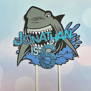 Personalized Shark Birthday cake topper - glitter cardstock- Any number and Name, more colors