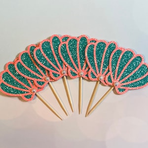 Seashell Glitter cupcake toppers- more color choices mermaid birthday seashell birthday under the sea cupcake toppers