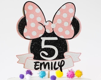 Minnie inspired birthday cake topper  Any Number and Name Glitter Birthday cake topper