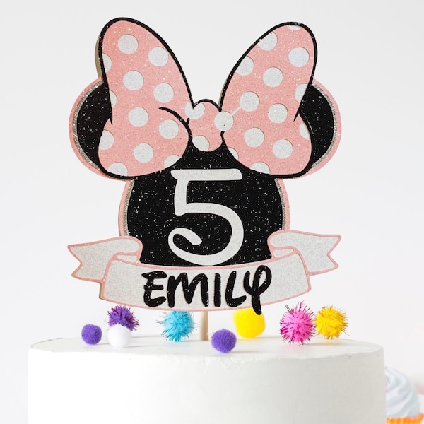 Minnie inspired birthday cake topper  Any Number and Name Glitter Birthday cake topper