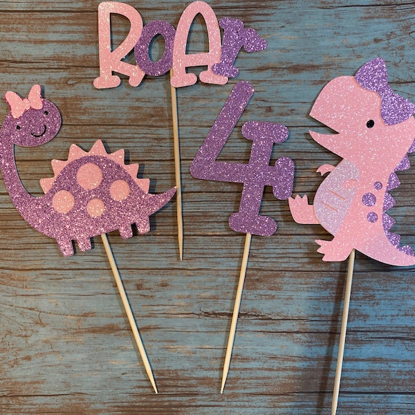 Girl Dinosaur cake topper set glitter ANY AGE Girl Dino cake toppers More color options