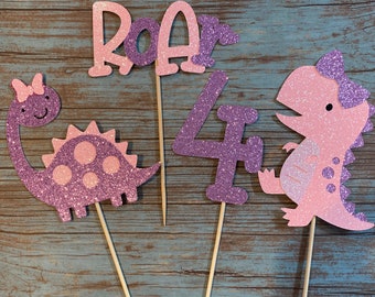 Girl Dinosaur cake topper set glitter ANY AGE Girl Dino cake toppers More color options