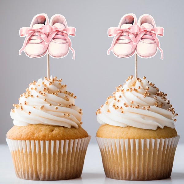 Pink baby girl shoes watercolor cupcake toppers   baby shower cupcake toppers