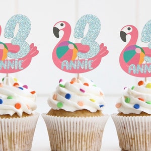 Personalized flamingo cupcake toppers any number and name pool party cupcake toppers beach party cupcake toppers