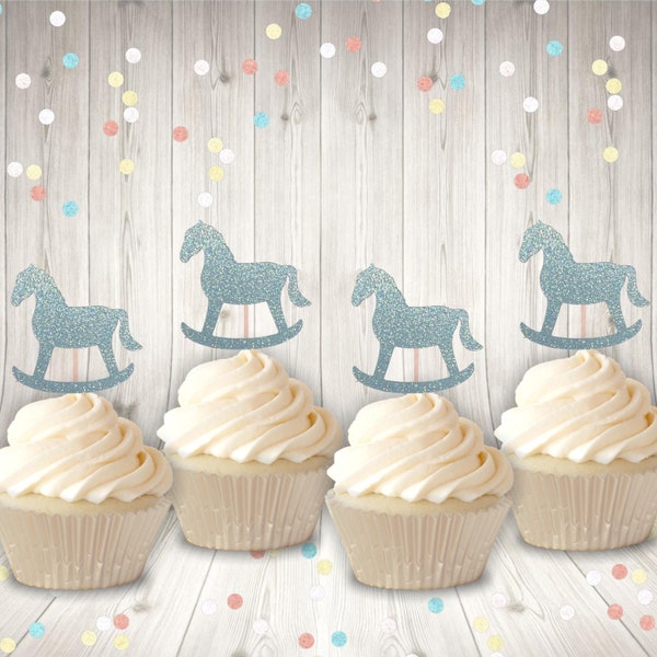 Rocking horse cupcake toppers glitter baby shower cupcake toppers gender reveal cupcake toppers More color choices
